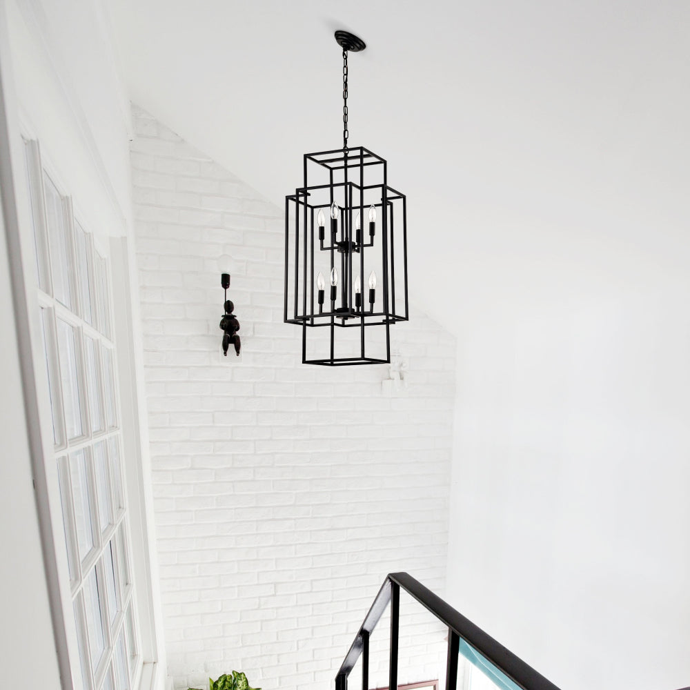 8-Light Metal Lantern Tiered Pendant Hanging Light Fixtures, Industrial Farmhouse Adjustable Height  Chandeliers for Dining Room Hallway Foyer Entryway--Matte Black (E12 Bulbs Not Included)