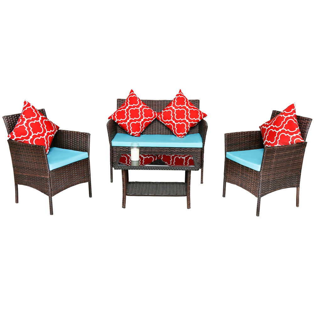 Four-Piece Sofa Set Table With Sofa Chair PE Rattan Outdoor Furniture HY4-001 Box *1 With Emerald Green Color Cushion