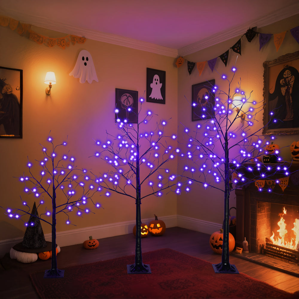 3 Pac Halloween Spooky Tree with Purple Lights, 4FT 5FT and 6FT, Lighted Black Tree for Halloween Decoration