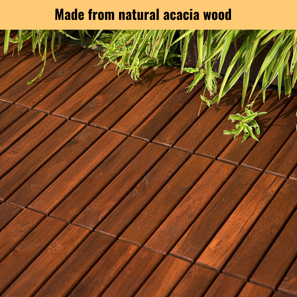 10 PCS Interlocking Deck Tiles Striped Pattern, 12" x 12" Square Acacia Hardwood Outdoor Flooring for Patio, Bancony, Pool Side,...