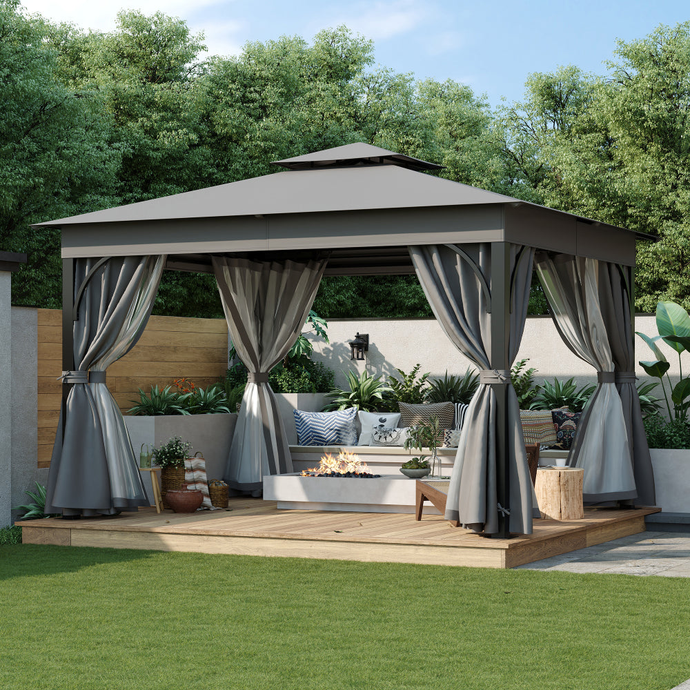 TREXM 10x12 Outdoor Gazebo Tent with Double Roofs, Patio Gazebo with Mosquito Netting and Privacy Screens, Patio Canopy for Shade and Rain for Backyard, Garden, Lawn and Deck (Grey)