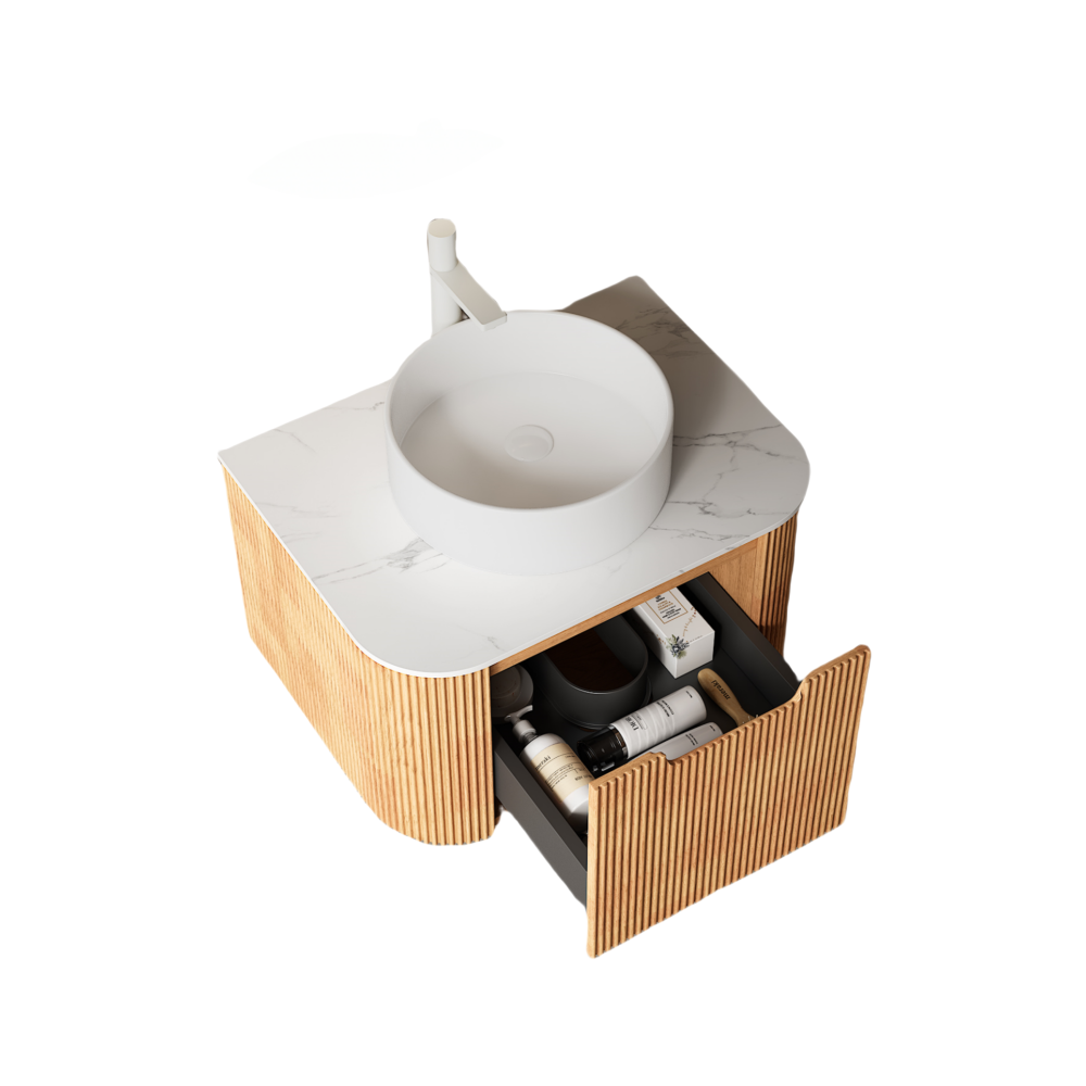 DINA 24" Bathroom Vanity with Sink, Wall-Mounted Floating Curved Edges Striped Bathroom Storage Cabinet with a Drawer, White Round Ceramic Basin without Faucet, Pre-assembled, Natural Woodgrain Color
