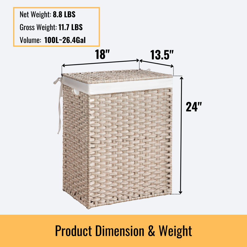 Laundry Hamper With Lid PE Rattan Powder Coating Frame Clothes Hampers with 01 Removable Bags, 100L, Gray Color
