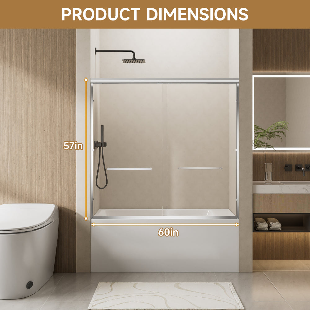 60" W x 57" H Aluminum Frame Double Sliding Shower Door, Soft-Close Chrome Bathtub Door, 1/4" (6mm) Clear Nano-Coated Tempered Glass, Dual Stainless Steel Handles