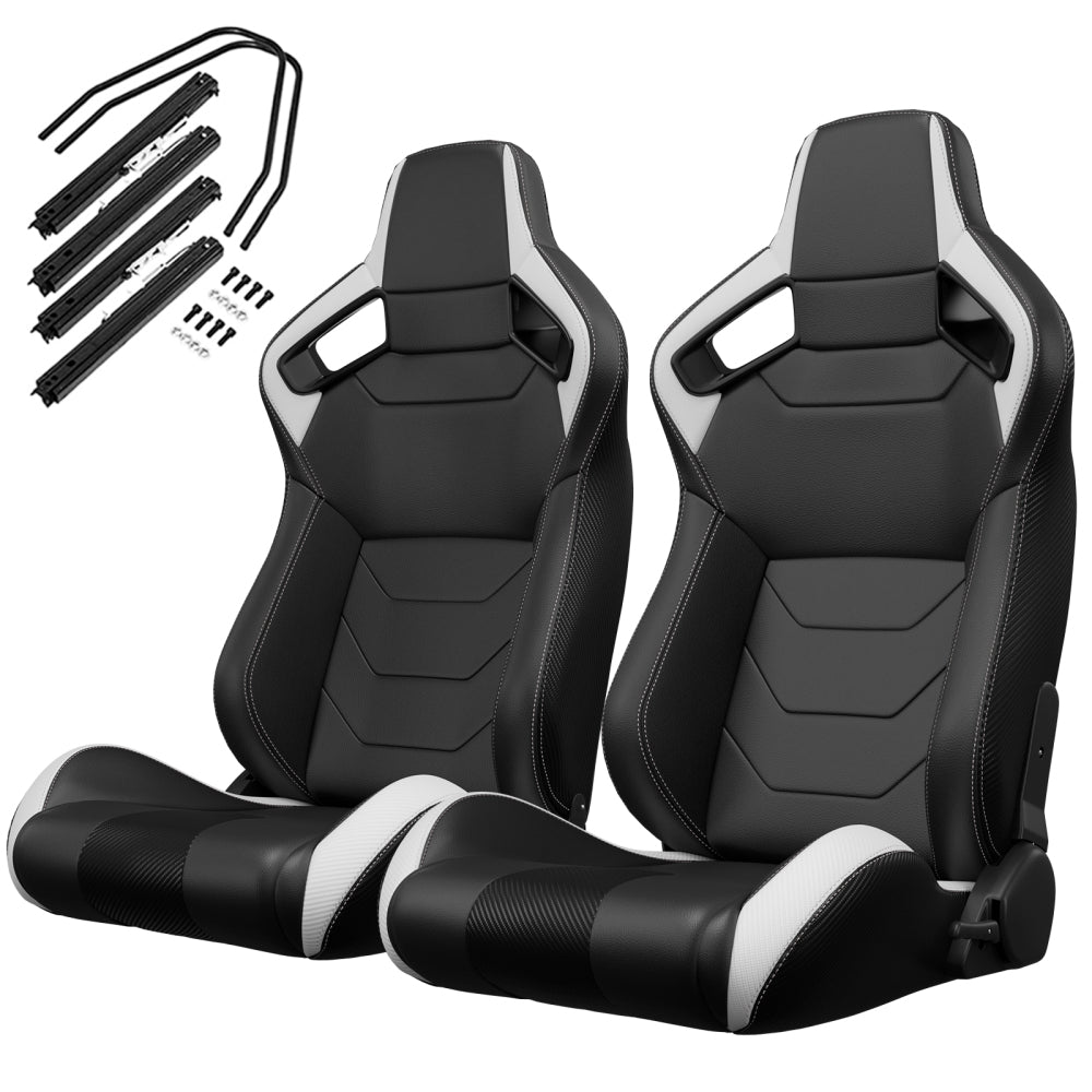 2PC Universal Bucket Racing Seats Red Stitch Red PVC Leather Reclinable Carbon Look Leather Back With Adjustor Slider(Not Including Seat Bracket ) 1 box of 2 pieces