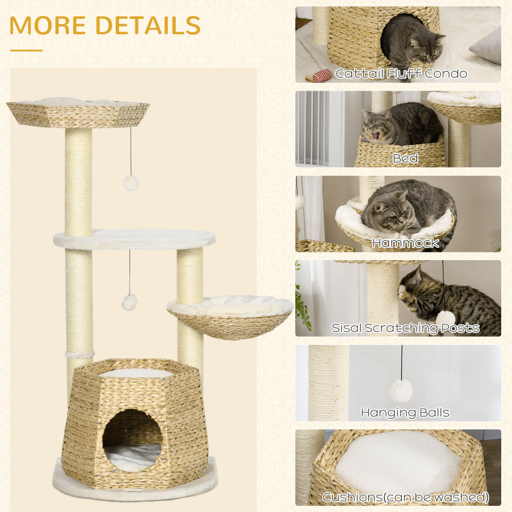 PawHut 47" Cat Tree Kitty Activity Center, Cat Climbing Toy with Cattail Fluff, Bed, Condo, Sisal Scratching Post, and Hanging Ball, Natural
