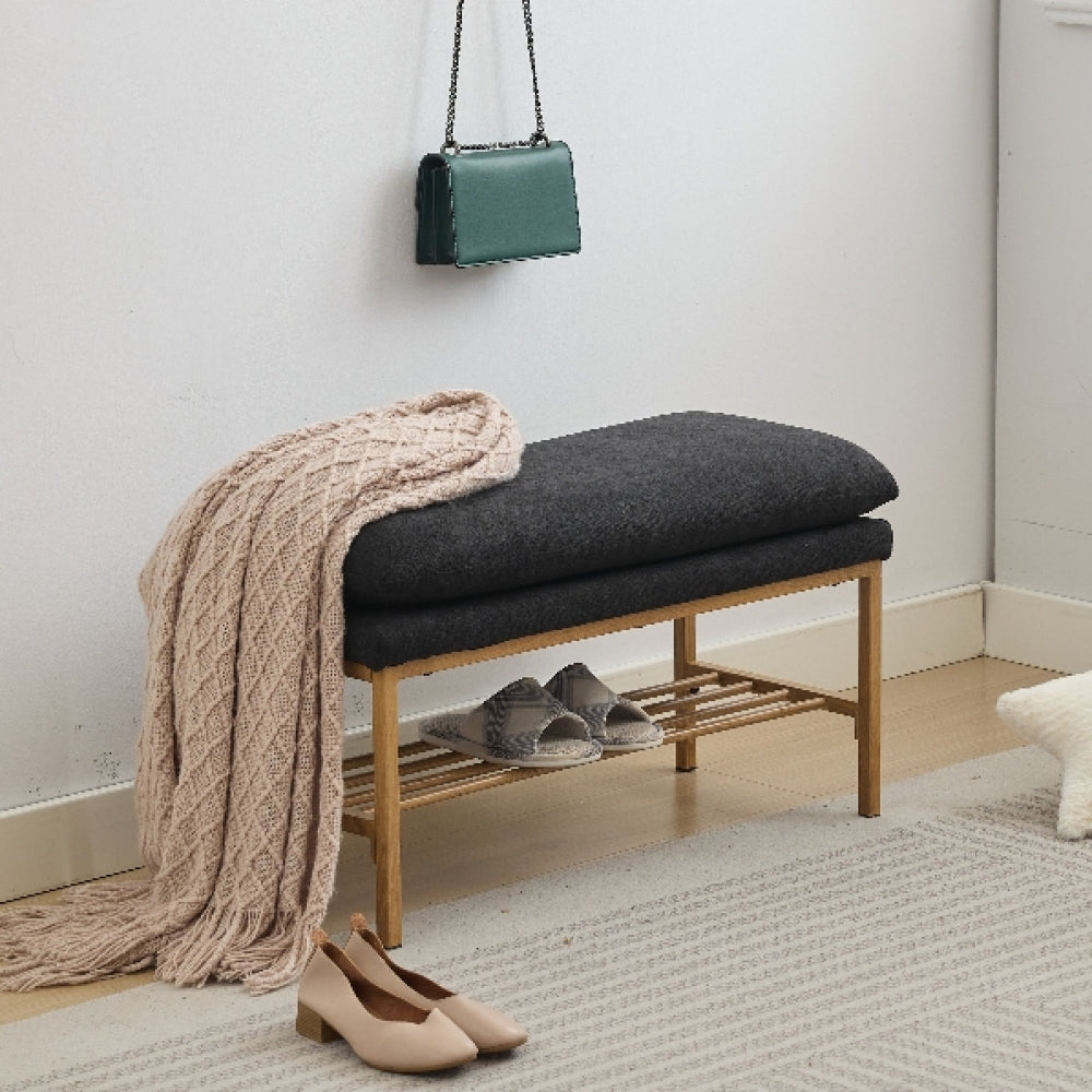 End of Bed Bench with Shelf, Linen Upholstered Storage Shoe Bench, Modern Bedroom Bench with Metal Legs for Living Room, Entryway, Dining Room, 300 LB, Linen Color(Black)