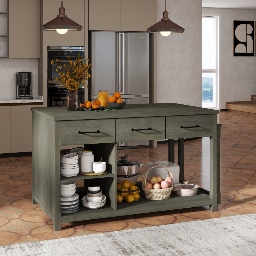 TREXM Extendable Kitchen Island with Storage, Multi-Functional Kitchen Cart with Built-In Power Outlets, Retro Kitchen Island on Wheels with Drawers and Open Shelves for Kitchen (Gray)