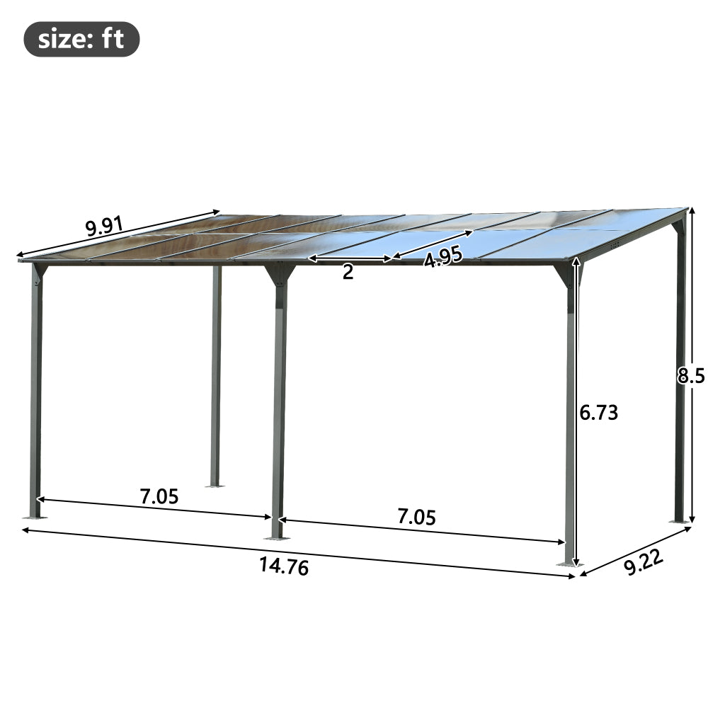 Wall-Mounted Gazebo 14.76*9.22 FT Outdoor Pergola Gazebo Awning Gazebo with Roof, Powder-Coated Iron Frame and with PC Roof Panels Outdoor Sloped Design Shelter for Deck, Garden, Backyard, Gray