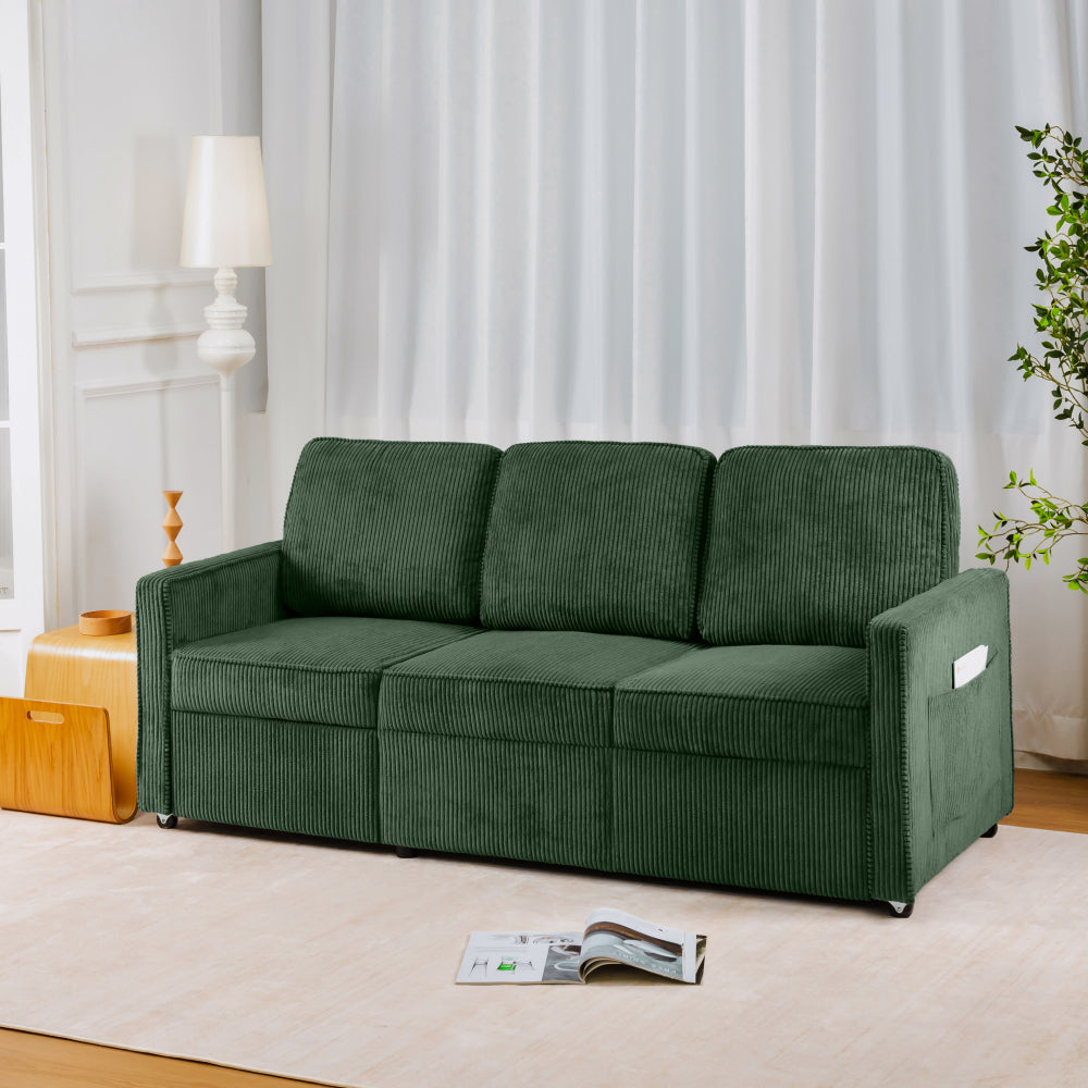 Retractable 3 Seater Sofa, Easy To Assemble, Suitable For Living Rooms, Apartments And Flexible Sofas For Small Spaces, Olive Green Corduroy