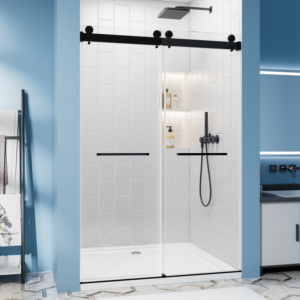 60" W x 76" H Frameless Double Sliding Shower Door, Soft-Close Matte Black Shower Screen, 5/16" (8mm) Clear Nano-Coated Tempered Glass, Dual Stainless Steel Door Handles