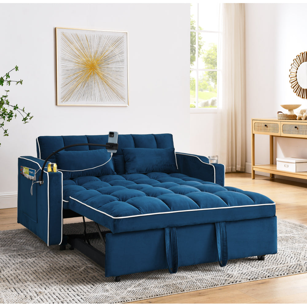 55.51 inch versatile foldable sofa bed in 3 lengths, modern sofa sofa sofa velvet pull-out bed, adjustable back and with USB port and ashtray and swivel phone stand (Black)