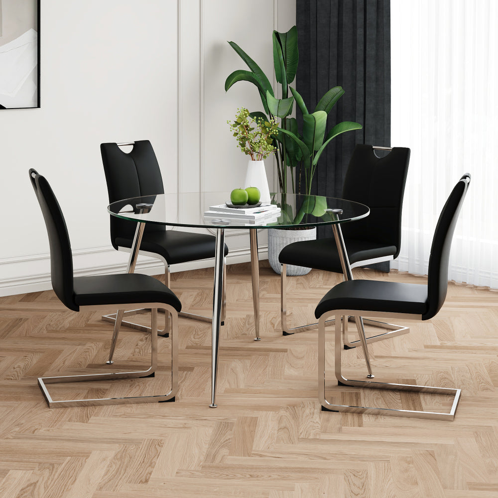Modern simple round glass dining table, wear-resistant tempered glass countertop, gold-plated legs, grey PU dining chair set, suitable for restaurant kitchen use (set of 5)
