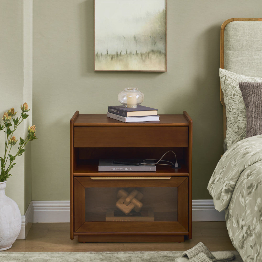 Mid Century Modern Nightstand with Charging Station & Outlet Hole & 2 Drawers, Farmhouse End Table with Open Shelf & Glass Drawer Dresser, Side Cabinet for Living Room Reception Room Dorm, Dark Walnut