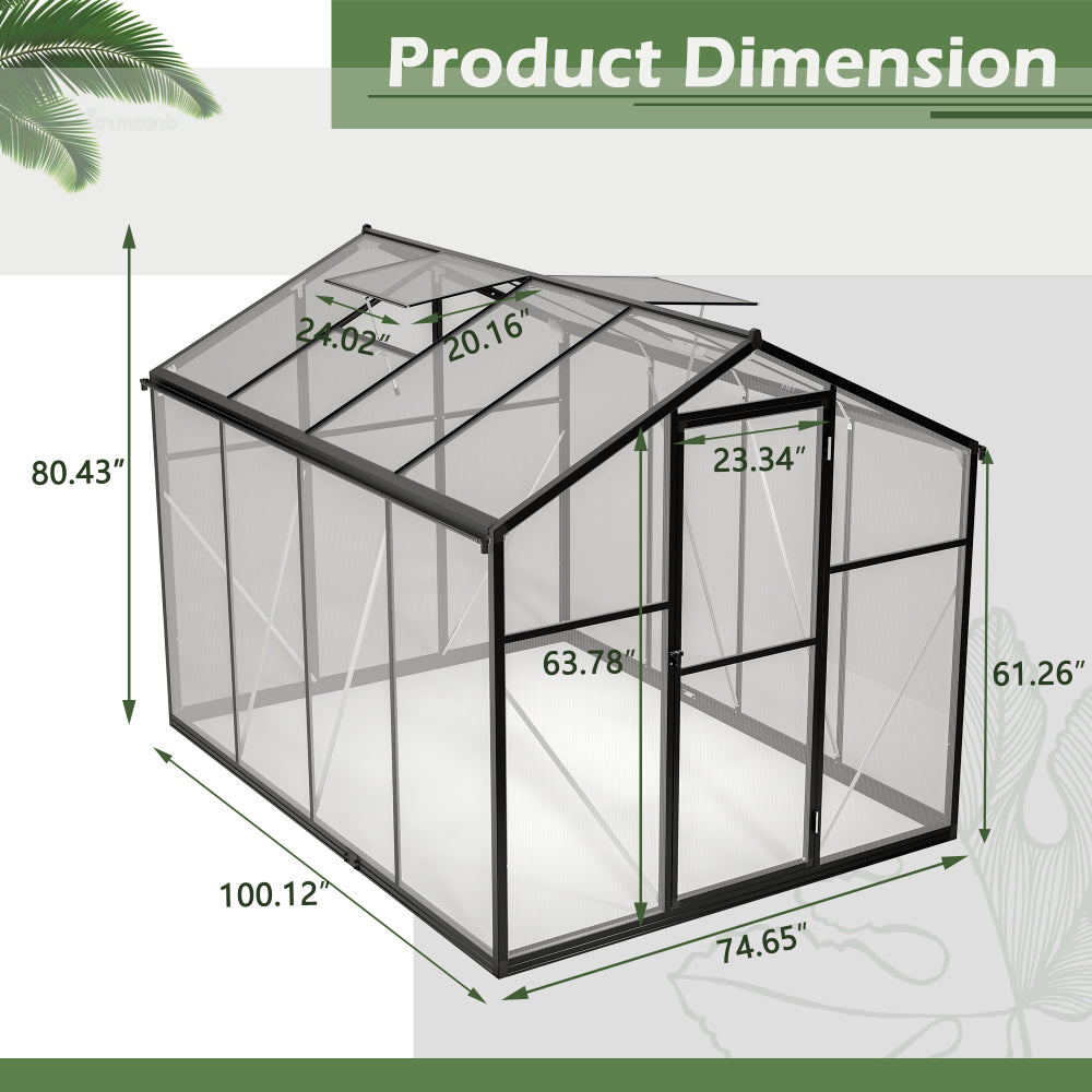 6x8 FT Greenhouse for Outdoors, Polycarbonate Greenhouse with Quick Setup Structure and Roof Vent, Aluminum Large Walk-in Greenhouse for Outside Garden Backyard, Black