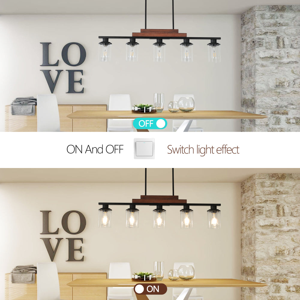 37" Farmhouse Industrial 5-Light Kitchen Island Pendant Light, Metal Wood Chandelier with Clear Glass Shades, Adjustable Height Hanging Fixture for Dining Room, Living Room, Kitchen (No Bulbs)