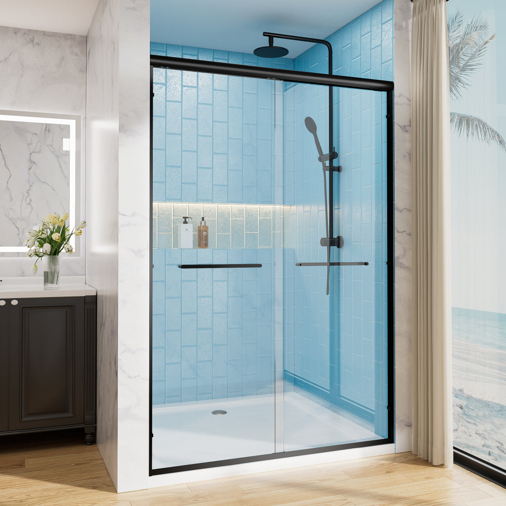 60" W x 72" H Matte Black Aluminum Frame Double Sliding Shower Door with 1/4" (6mm) Nano-Coated Clear Tempered Glass and Dual Stainless Steel Handles