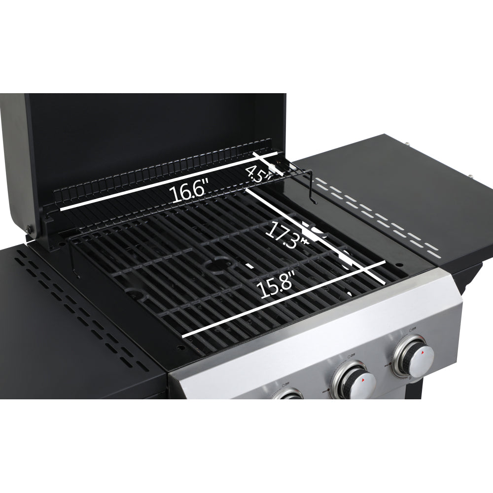 3-Burner Propane Gas BBQ Grill, SS Plancha, 36900BTU Output With Wire Enamel Cooking Grids For Outdoor Barbecue, Foldable Side Table, Hanging Basket, Stainless Steel