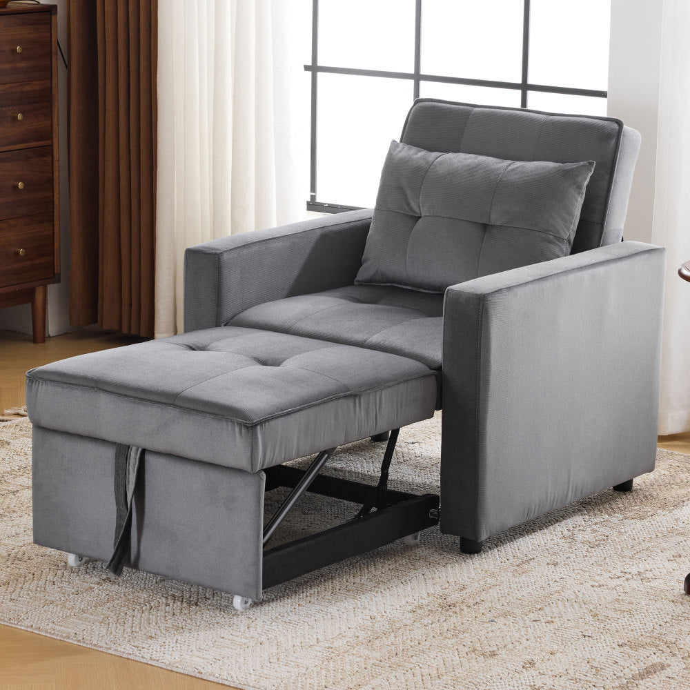 Convertible Sleeper Sofa Chair Bed with Pillow & Pocket, 3-in-1 Sofa Bed Sleeper Chair in Modern Velvet Fabric for Living Room, Bedroom, Study, Apartment, Gray