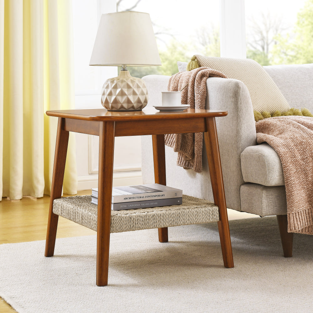 23" Mid-Century Side Table with Woven Shelf, Boho Side Table with Storage, Bedside Tables, Small Side Table for Living Room Couch Patio Home Office