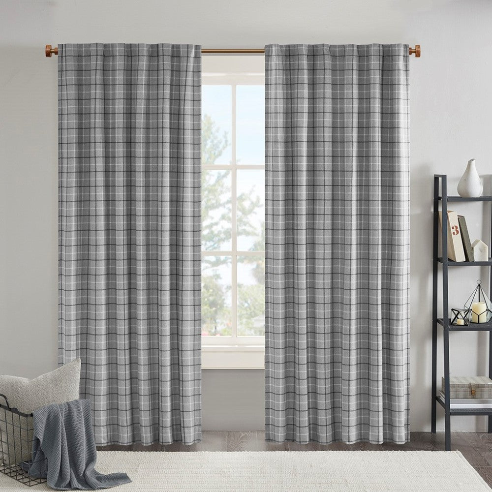 Plaid Rod Pocket and Back Tab Curtain Panel with Fleece Lining Brown 50x95"