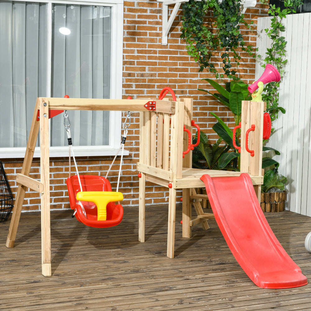 Outsunny 4 in 1 Wooden Swing Set Outdoor Playset with Baby Swing Seat, Toddler Slide, Captain's Wheel, Horn, Kids Backyard Playground Equipment, Ages 1.5-4
