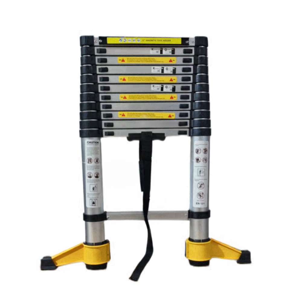 11.5 FT aluminum telescopic ladder, equipped with 360 ° rotatable stabilizer bar and metal tool suction magnetic strip, compact and portable anti slip folding ladder, multi-purpose telescopic ladder