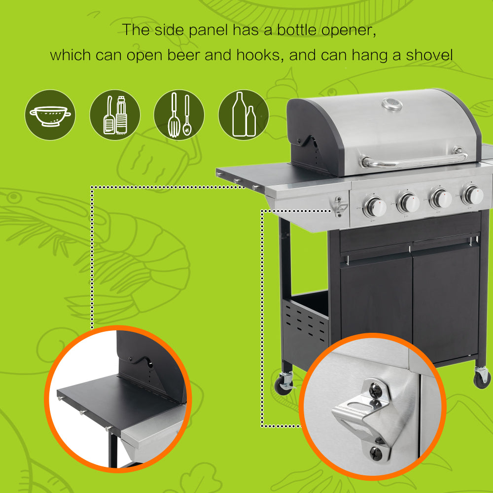 Propane Grill 4 Burner Barbecue Grill Stainless Steel Gas Grill with Side Burner, 46,500 BTU Outdoor Cooking, Patio, Garden Barbecue Grill, Black and Silver
