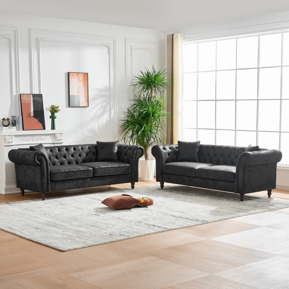 66"Chesterfield ‌Faux Leather Sofa,High-tech Fabric Roll Armrest Sofa,Upholstered Mid Century Modern Couch,2 Seater Couch for Living Room, Office, Apartment, Brown
