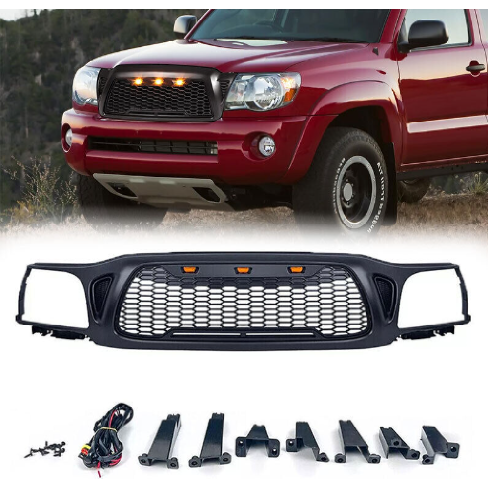 Front Grille Fit For 2001-2004 Toyota Tacoma Mesh Honeycomb Grill with 3 LED Lights