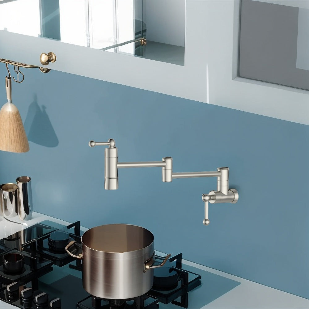 Pot Filler Faucet - Wall Mount Kitchen Sink Faucet Folding Stretchable with Single Hole Two Handles, Brushed Nickel