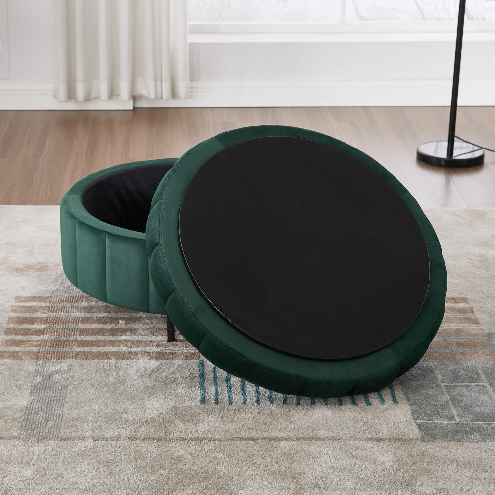 31.5"W Upholstered Round Ottoman With Reversible Lid, Velvet Storage Stool, Channel Tufted Pumpkin-shape Footstool for Living room, Bedroom and Office, Green