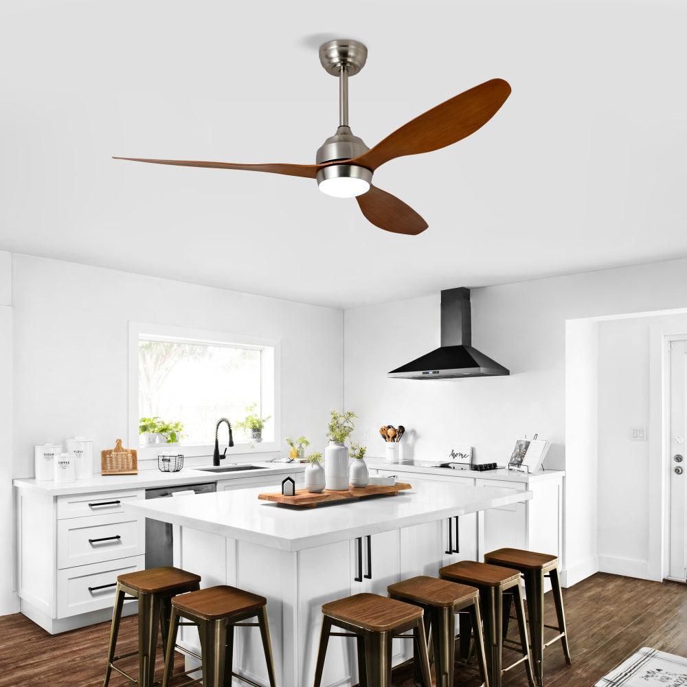 52" Ceiling Fan with Lights Quiet DC Motor 3 ABS Blade Ceiling Fans 6 Speed Levels,Reversible Ceiling Fan, for Patio Living Room, Bedroom, Office,Indoor.(Stain nickel + Walnut )