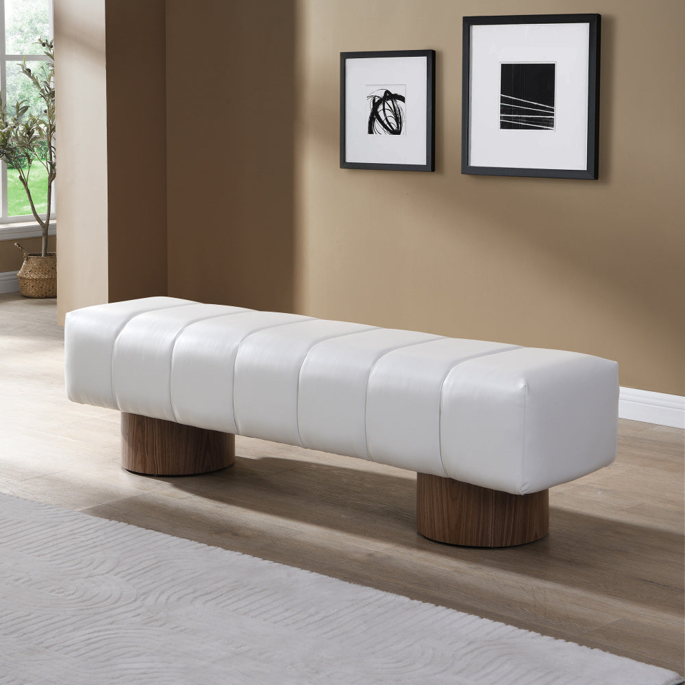 Upholstered Dining Bench for Dining Room, No-Assembly End of Bed Entryway Bench Ottoman for Bedroom Living Room, Beige PU Stool Top Wood Leg 300 LBS Weight Capacity