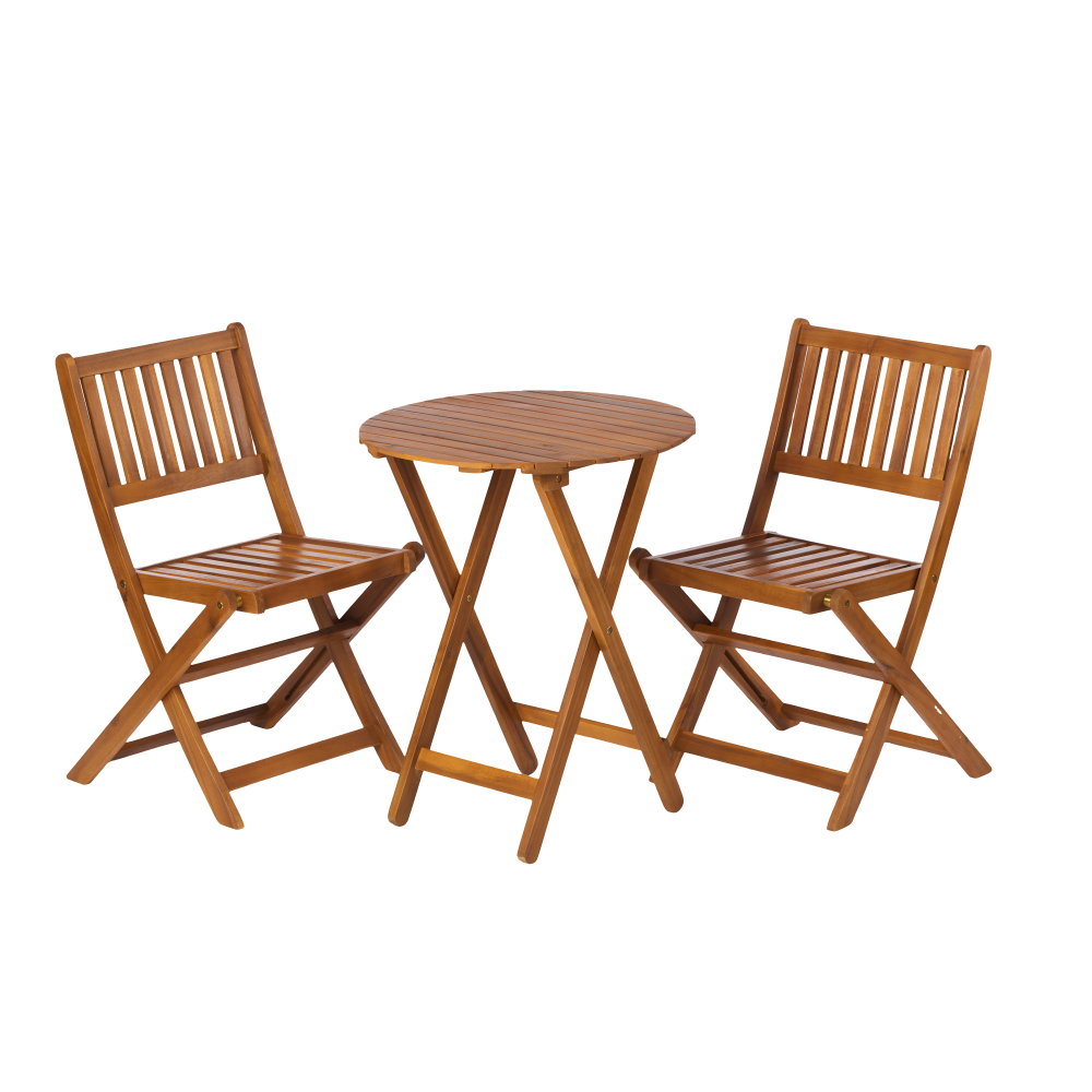 3-Piece Acacia Wood Bistro Set, Wooden Folding Patio Furniture for Garden Backyard Balcony Porch w/ 1 Coffee Table and 2 Foldable Chairs, Natural Stained
