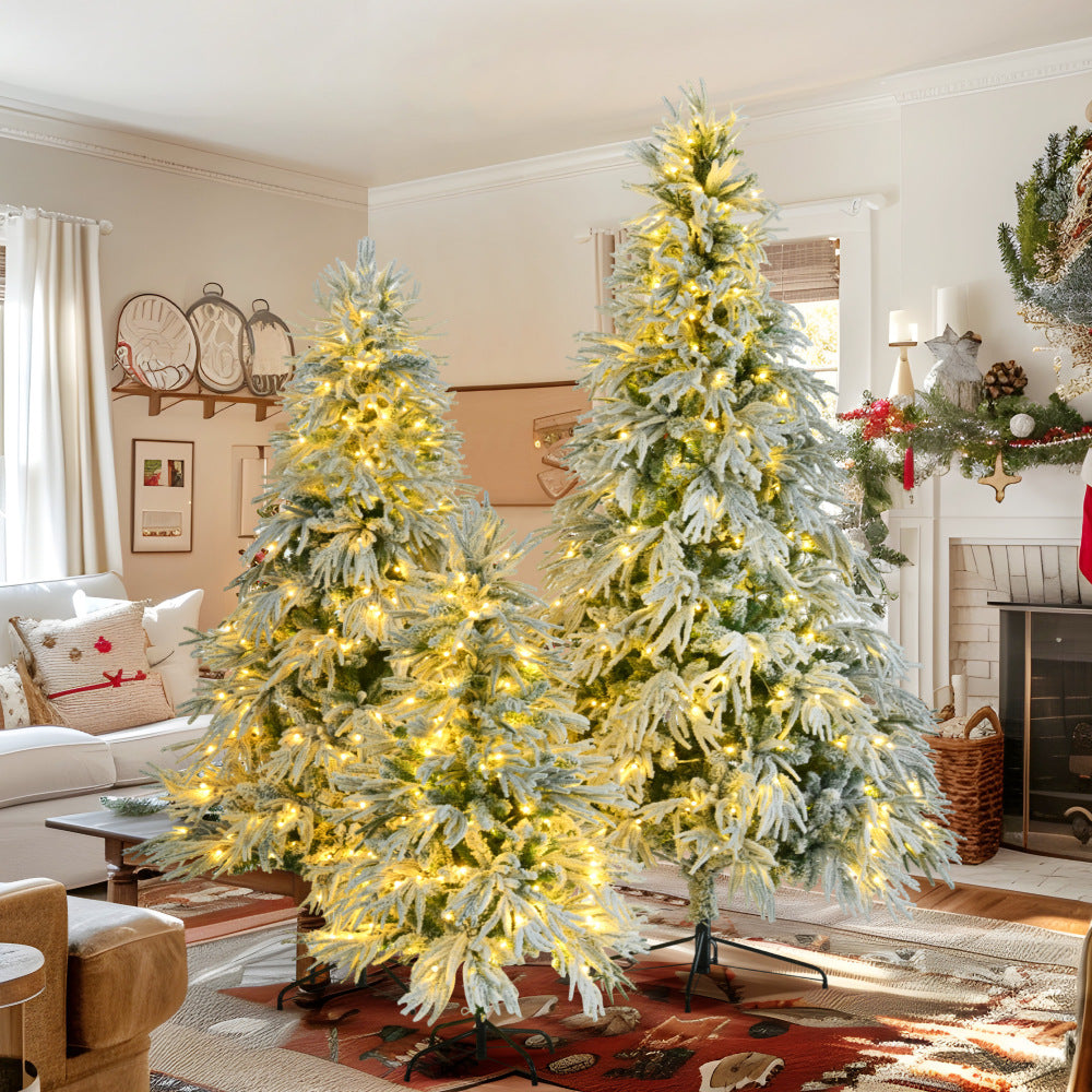 Pre-Lit Spruce Snow Flocked Christmas Tree Set-4FT, 6FT, 7.5FT, Artificial Hinged Xmas Tree with 800 Warm-Yellow & Colorful LED Lights, 8 Flashing Modes, Holiday Office Home Décor