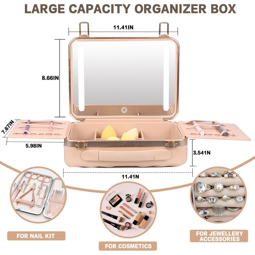 Makeup Case with LED Lighted Mirror Travel Makeup Train Case Cosmetic Organizer for Girls Makeup Artist, Makeup Tools, Hairstylist Travel Pink