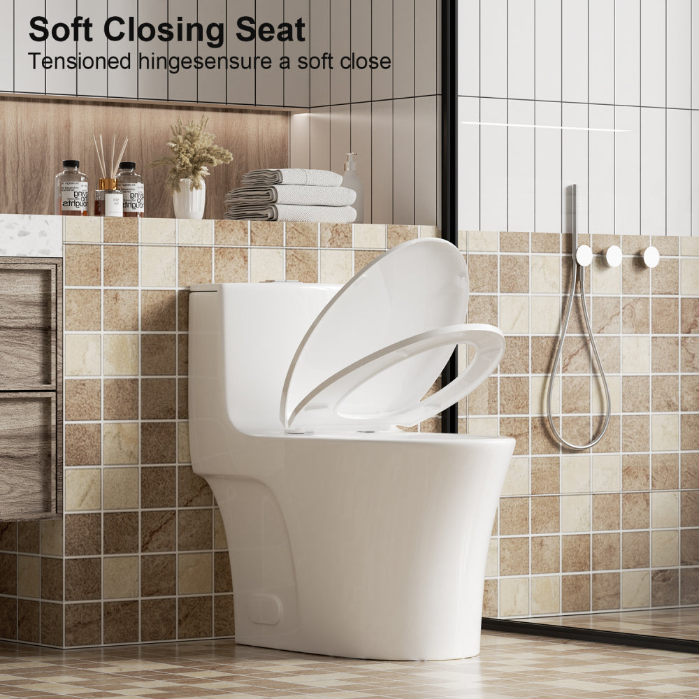 1.1/1.6 GPF Tornado Flush One-Piece Toilet Elongated, Siphonic S-trap 12",Soft Closing Seat, Button on Tank top ,Powerful Dual Flush MAP 1000g, Comfort Chair Seat ADA Height 17", Glossy White GW-002