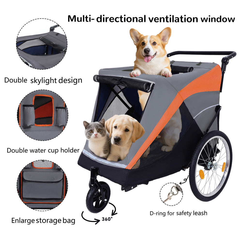 2-in-1 Bike Trailer & Push Cart for Pets - Detachable Bike Hitch & Push Handle Included - Quick Release Wheel, Internal Leash, Dual Cup Pockets and Underneath Storage Bag,  Holds Pets Up to 88 lbs