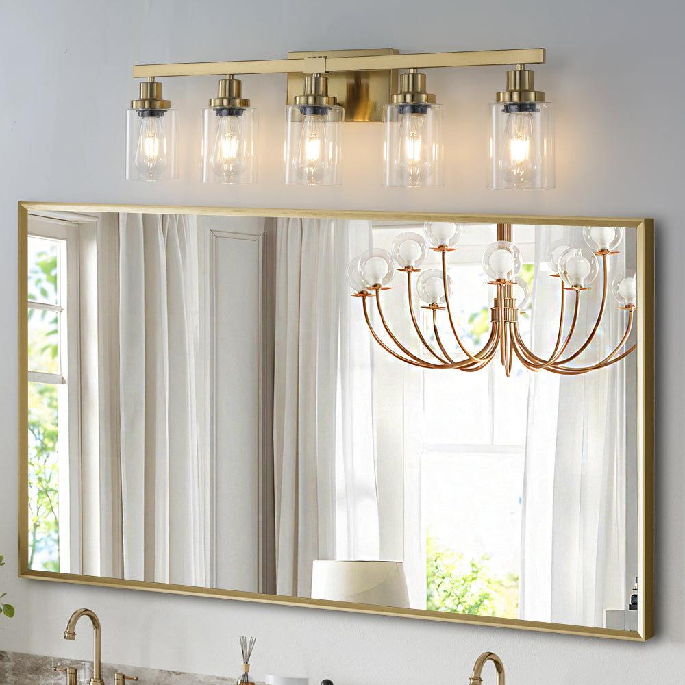 31" Golden 5-Light Vanity Light with Clear Glass Shades, Modern Iron Metal Bathroom Wall Fixture for Mirror, Ideal for Bathroom and Dressing Table (No Bulbs)