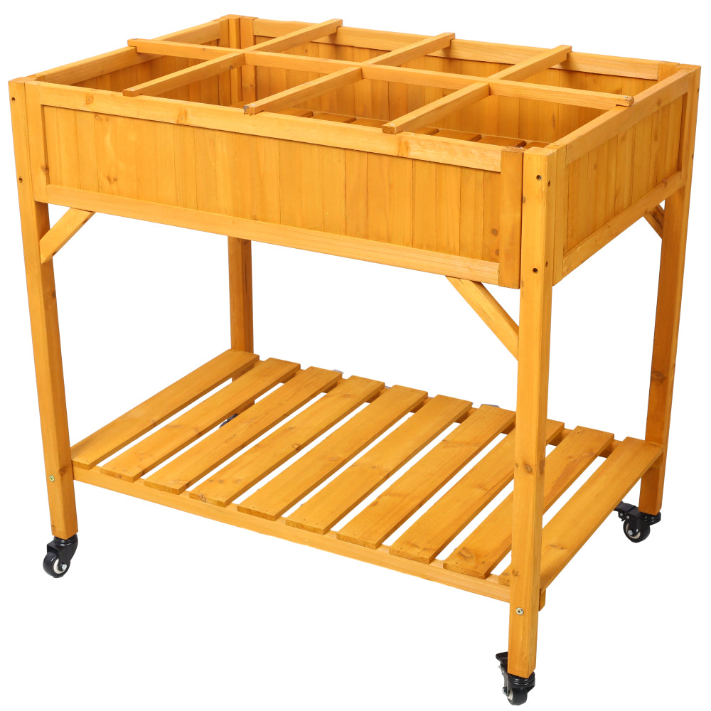 Elevated 8 Pocket Herb Garden Bed, Mobile Raised Customizable Wood Planter for Herbs, Vegetables, Flowers w/ Lockable Wheels, Storage Shelf, Drainage Holes