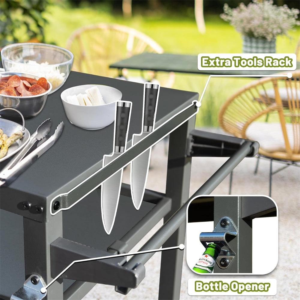 3-Shelf Outdoor Grill Table, Grill Cart with Wheels, Outdoor Pizza Oven Table and Food Prep Table, Blackstone Table with Propane Tank Hook, Grill Stand for Blackstone Griddle for Outside BBQ