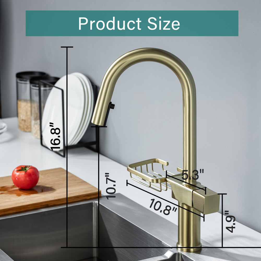 High Arc Pull-Down Kitchen Faucet - Single Hole Stainless Steel, Modern Sink Faucet (Brushed Gold)