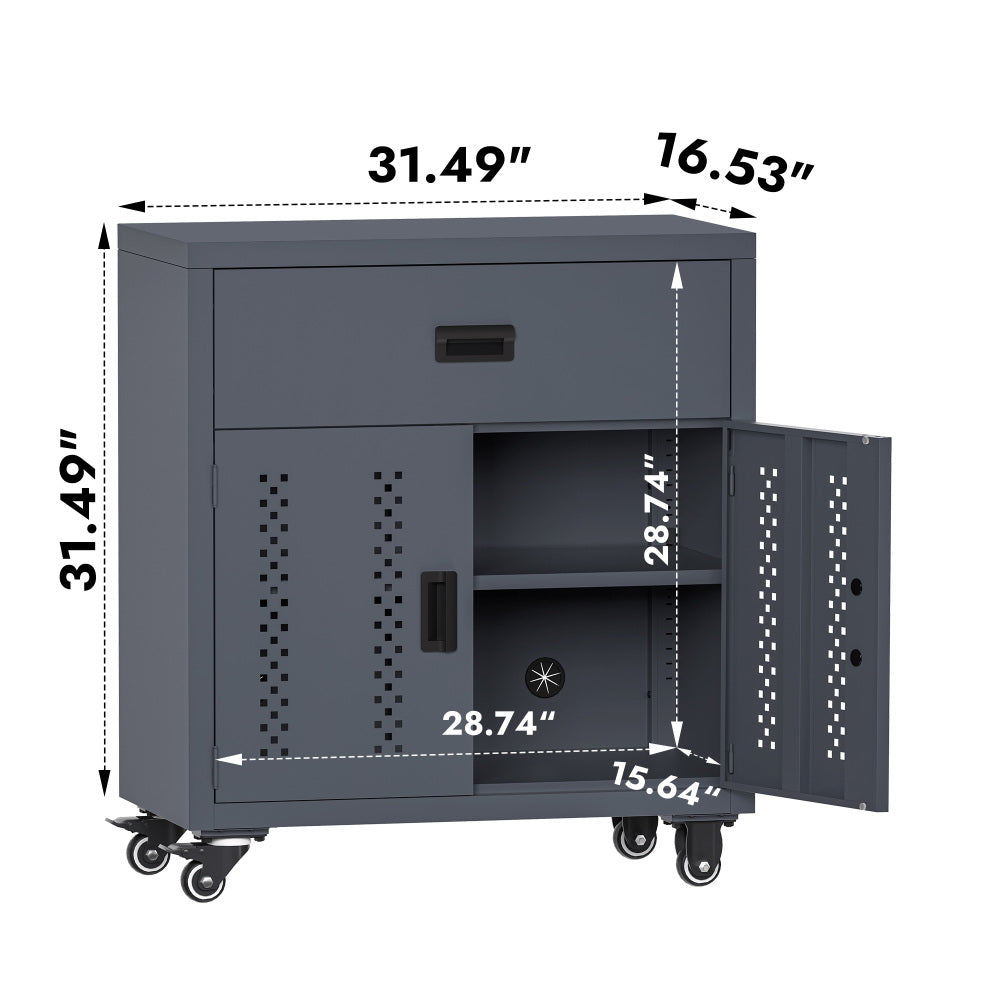 Metal garage storage cabinet with lockable door and adjustable shelves, rolling tool storage cabinet with 4 wheels - 31.49-inch steel lock cabinet, suitable for garages and warehouses (gray)