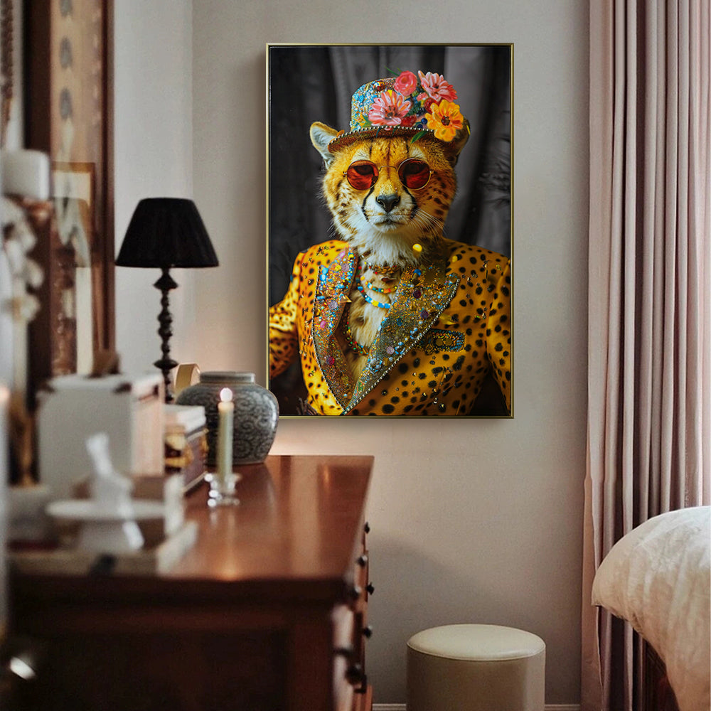 Abstract Art Wall Decor: Stylish Cheetah in Leopard Print Suit with Sunglasses and Hat Featuring Flower - Unique Modern Canvas Painting for Living Room, Bedroom, Office decorative picture