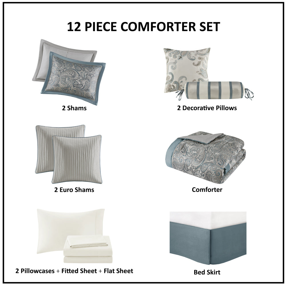 12 Piece Comforter Set with Cotton Bed Sheets Teal Cal King