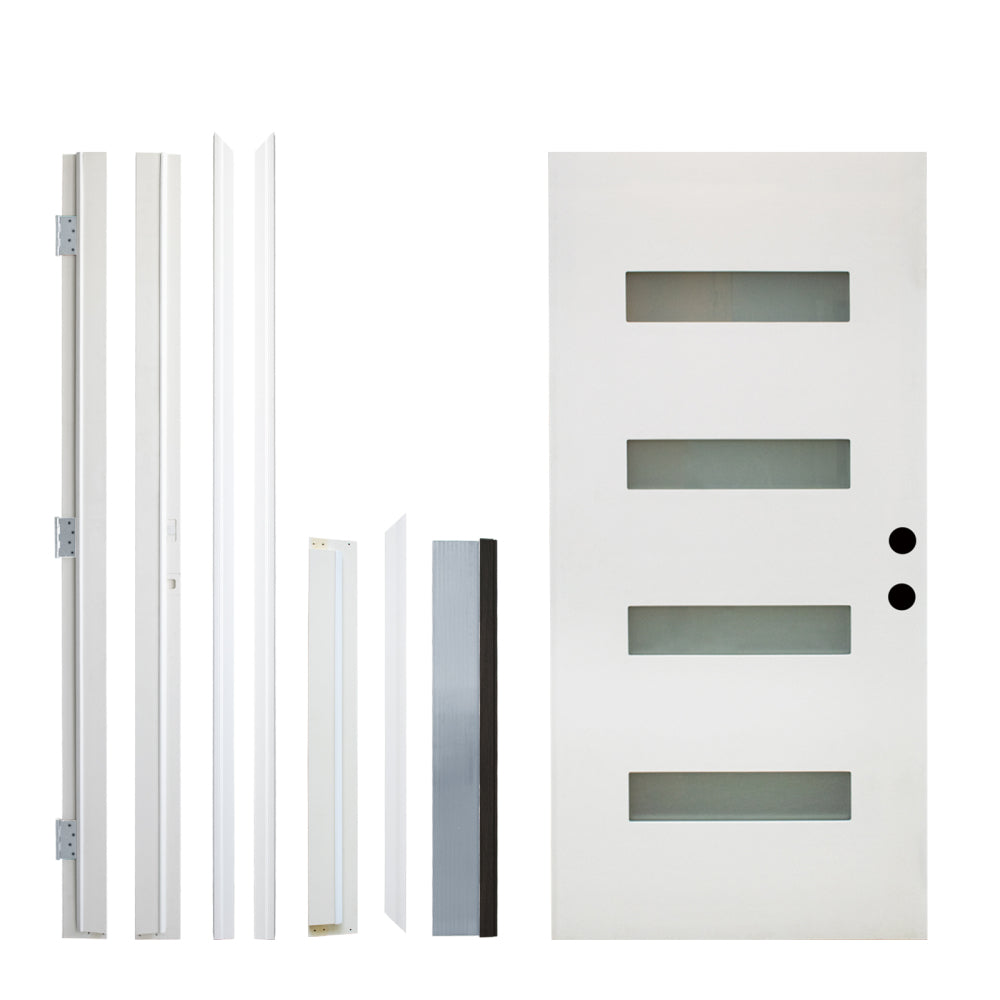 36 x 80 Fiberglass Entry Door with Brickmould, White Finish Knock-Down Fiberglass Door with Vinyl Frame, 4-Lite Frosted Glass - Contemporary Style for Home's Front Entrance, Left Hand Inswing