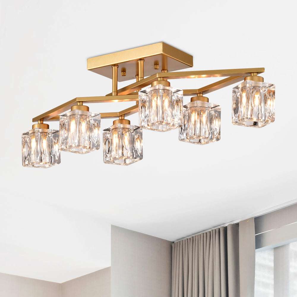 6-Light  Crystal  Ceiling Light for Dining Room, Modern Ceiling Lamp with  Light Fixture For  Entryway, Lobby, Kitchen, Bedroom, Living Room, Conference Room, (6*G9 Bulbs Included)--Gold