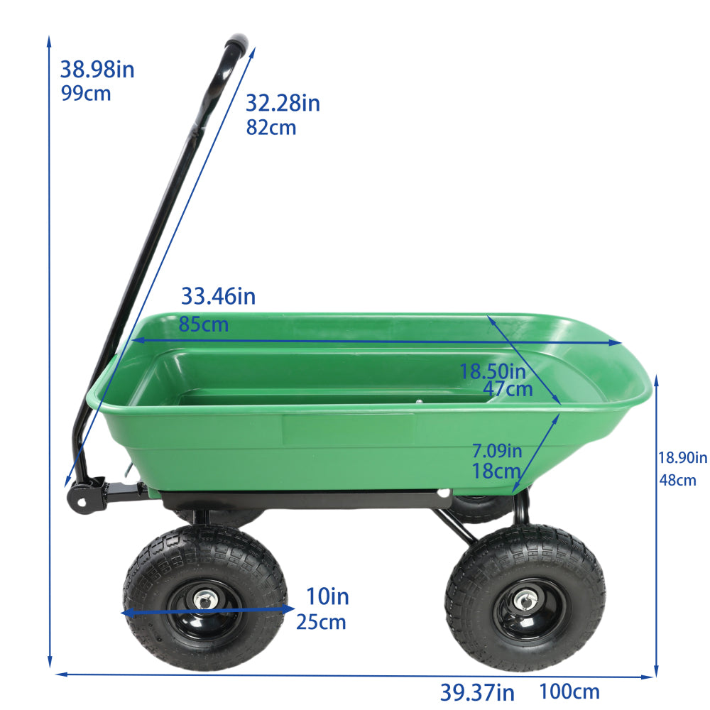 Folding car Poly Garden dump truck with steel frame, 10 inches. Pneumatic tire, 300 lb capacity body 55L  Green