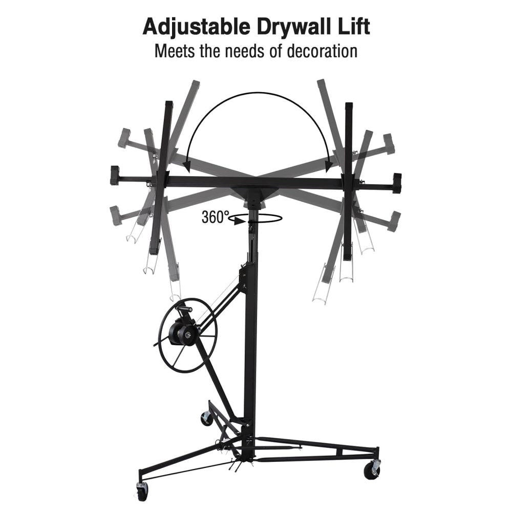 Drywall Lift 11FT, Drywall Lifter Panel Jack, 150LBS Heavy Duty Sheetrock Hoist with 360° Adjustable Telescopic Arm & Wheels (Black)
